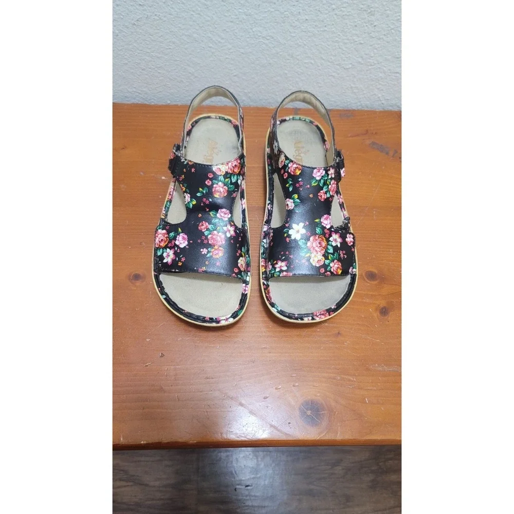 Alegria VIK-169 Floral Leather Sandals Womens 40 Black Slingback Comfort‎ Wedge